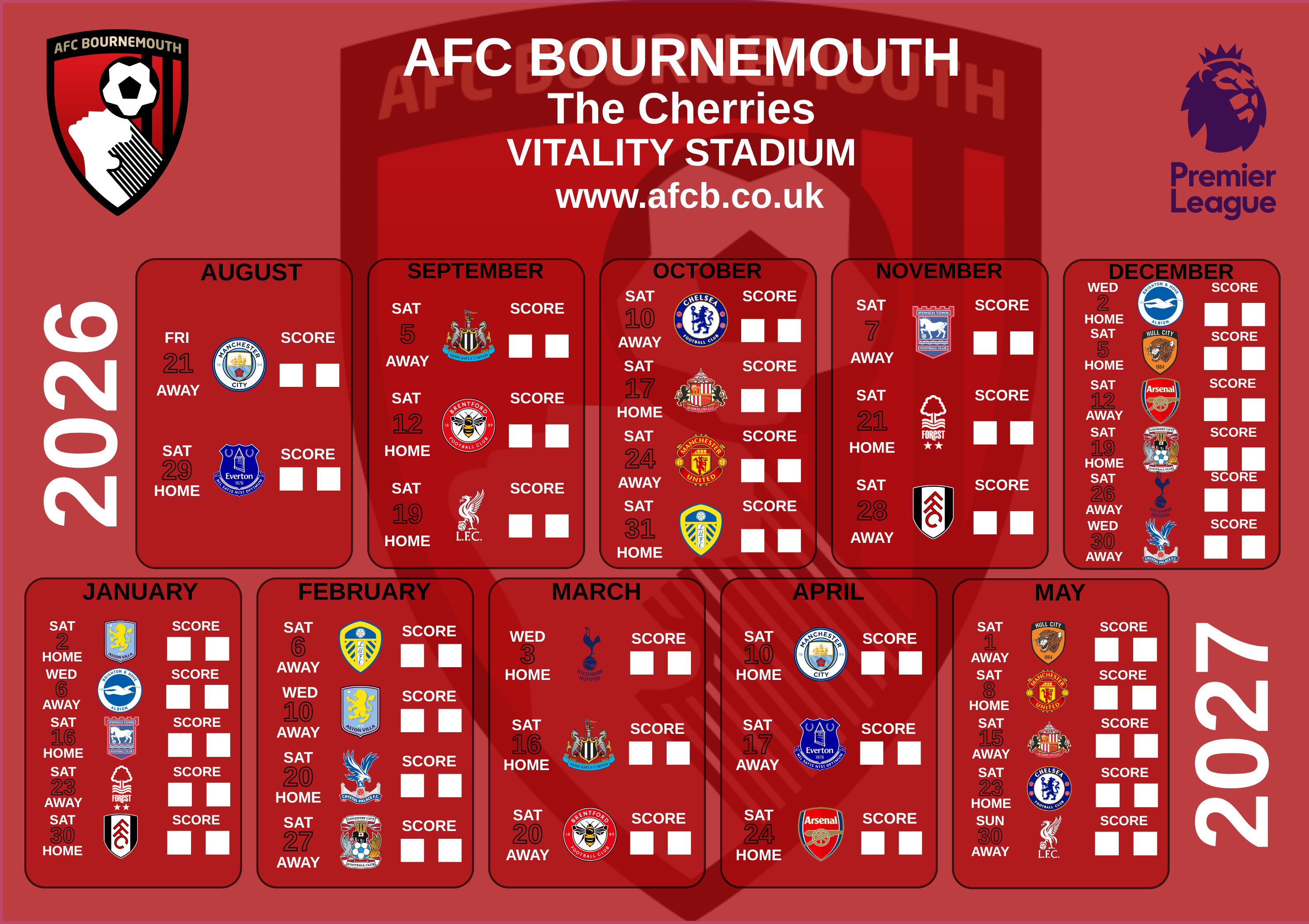 AFC Bournemouth calendar — click to buy on The Football Season
