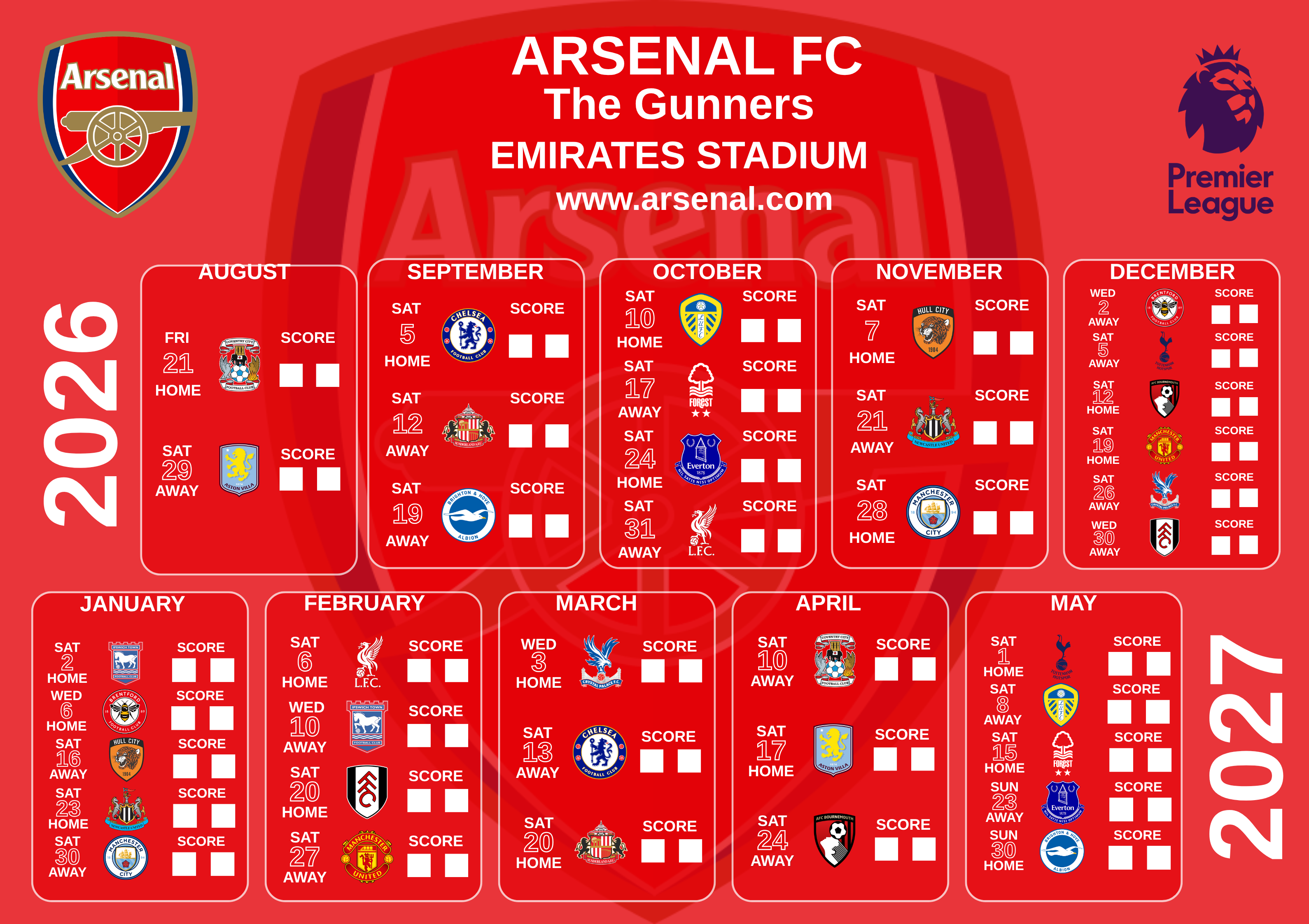 Arsenal FC calendar — click to buy on The Football Season