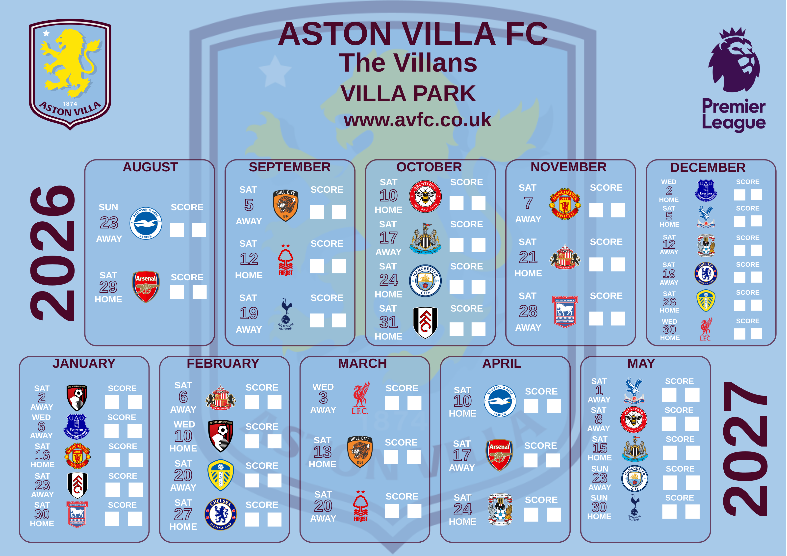 Aston Villa FC calendar — click to buy on The Football Season