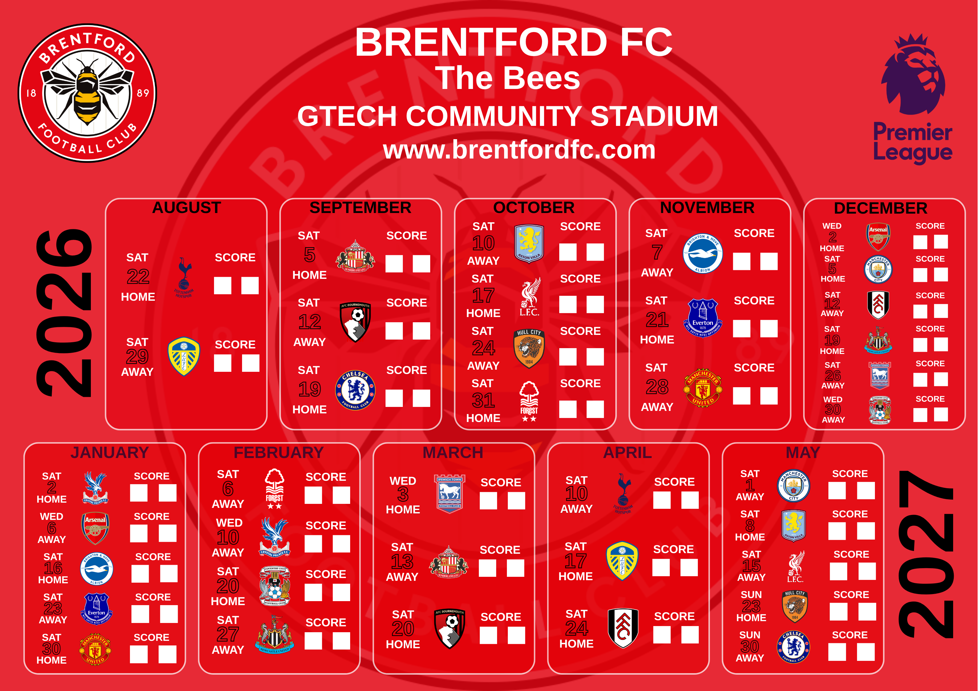 Brentford FC calendar — click to buy on The Football Season